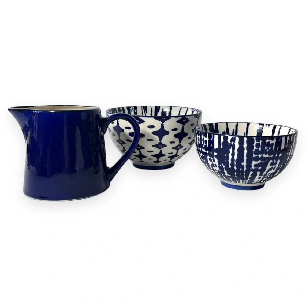 West Elm Indigo Blue Tie-dye Ceramic Nesting Bowls and Colbalt Blue Pitcher‎